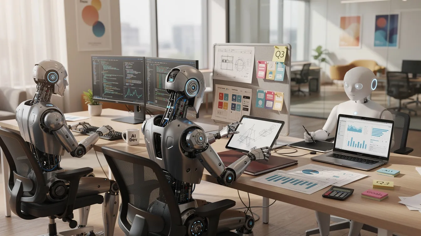 The image depicts three distinct robot figures sitting at individual desks in a shared office space, each focused on different projects, showcasing the collaboration and creativity of ai agents in a modern business environment. The scene highlights the difference in their tasks, reflecting the diverse capabilities and roles of these robotic coworkers.