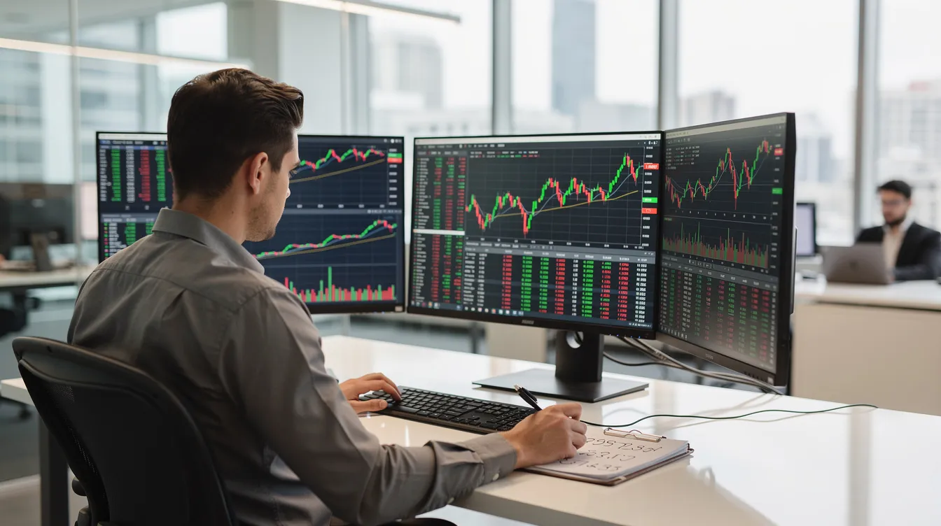 The image depicts a person intently analyzing financial data on multiple computer monitors within a modern office setting, showcasing the complexities of the financial markets and the potential AI bubble. This scene reflects the ongoing AI boom, highlighting the significance of data analysis in understanding market capitalization and revenue growth for AI companies.