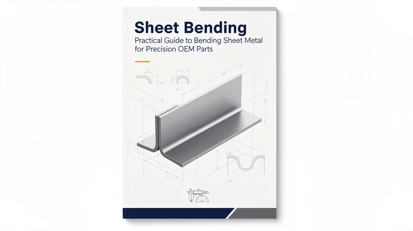 The image depicts a detailed guide on sheet metal bending, showcasing various bending methods such as air bending and die bending, along with essential terms like bend radius, bend angle, and material thickness. It highlights the precision required for creating bent sheet metal parts, emphasizing the importance of tight tolerances and dimensional accuracy in the manufacturing process.