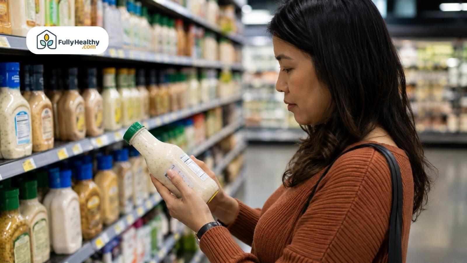 Person reading the ingredients and allergen label on a bottle of ranch dressing in a grocery store aisle.