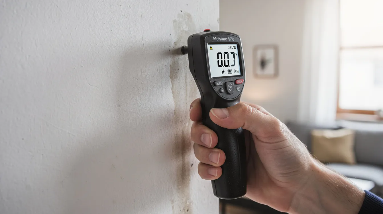A technician is using a moisture meter to assess wall moisture levels in an apartment, part of the water damage restoration process following a storm. This inspection is crucial for identifying potential mold growth and ensuring the structure is completely dry before restoration services begin.