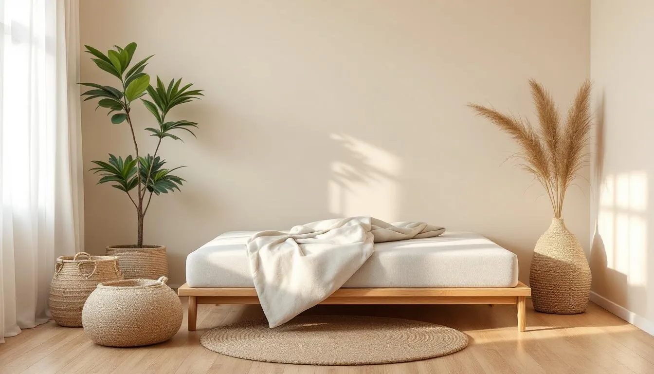 Ett harmoniskt sovrum med en kontinentalsäng i naturliga material, vilket skapar en lugn och inbjudande atmosfär. Rummets inredning är stilren och erbjuder en perfekt plats för avkoppling och återhämtning i hemmet.