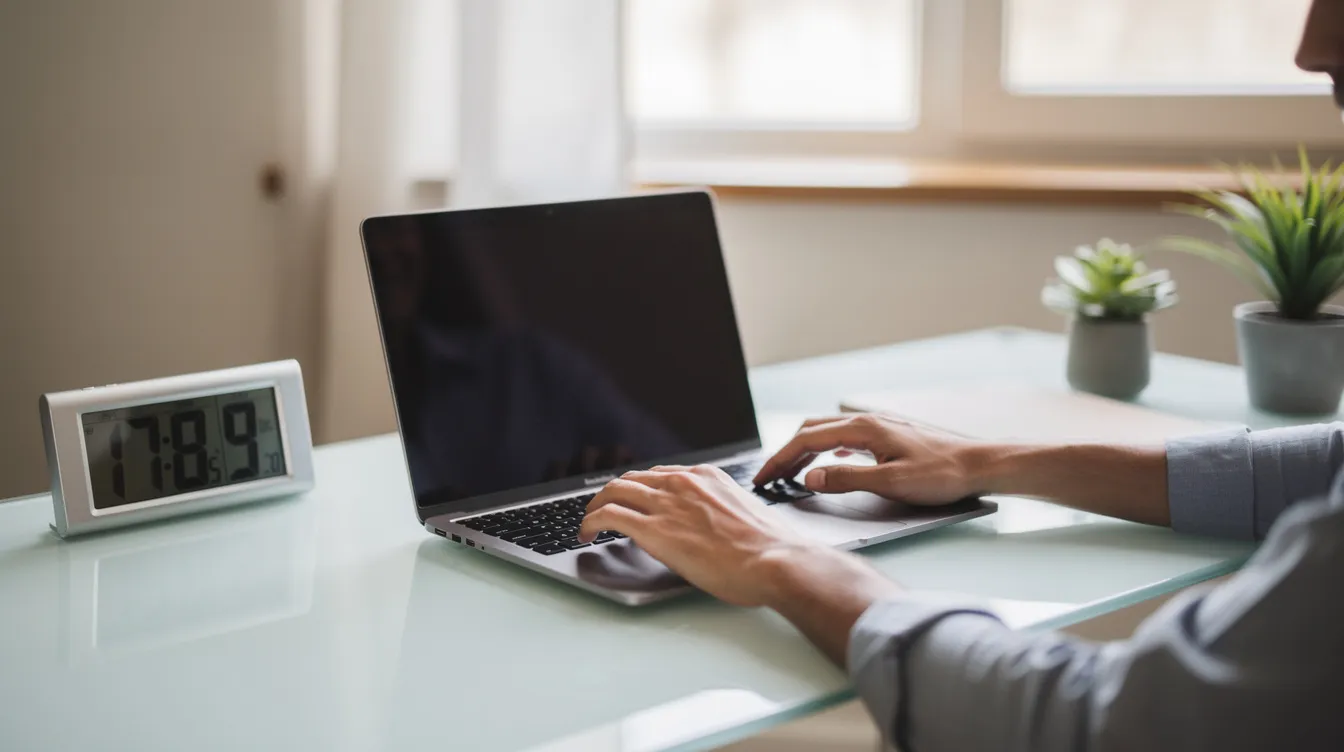 A person is focused on a clean desk, working on a laptop with a visible timer, illustrating the timeboxing time management technique. This setup emphasizes the importance of maintaining focus on a particular task within a strict limit, enhancing productivity and facilitating successful task completion.