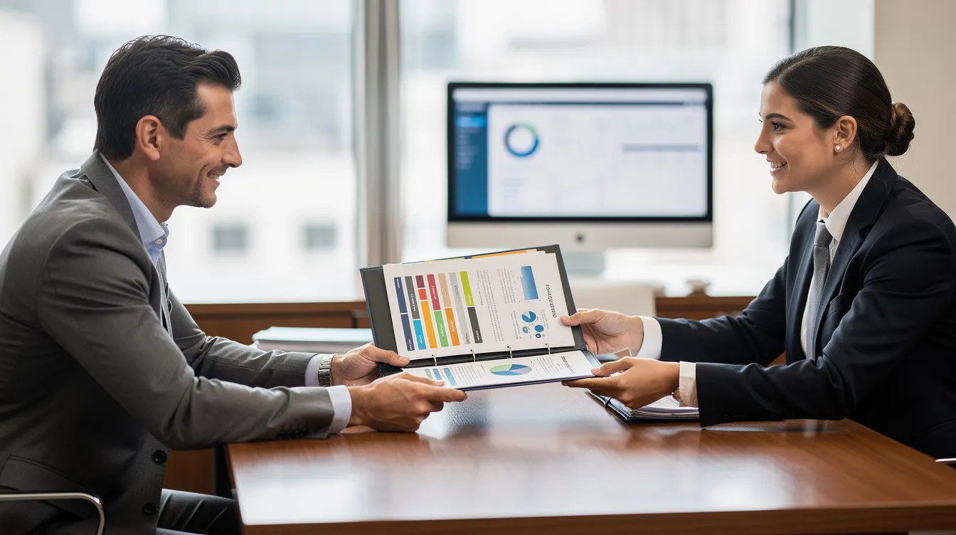 0531046f 4ab8 4415 8897 b7cd13d7cca2 A small business owner confidently hands over a well-organized file folder to a bank officer across a desk, symbolizing the process of applying for a business loan under the Pradhan Mantri Mudra Yojana. The scene reflects the importance of having a satisfactory credit track record and necessary documentation for financial assistance from financial institutions.