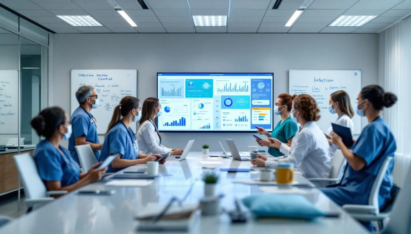 A group of healthcare professionals is collaborating on infection control strategies, utilizing digital technology to enhance infection prevention measures in healthcare settings. They are focused on addressing healthcare-associated infections and ensuring effective communication among healthcare workers to improve patient care and safety.