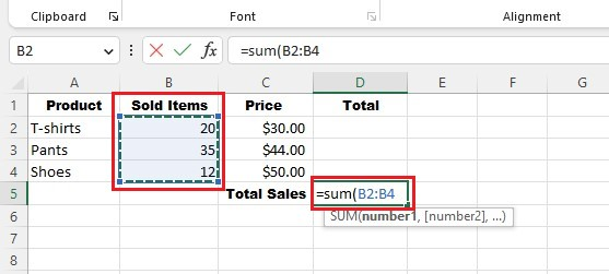 select the array for sum function.