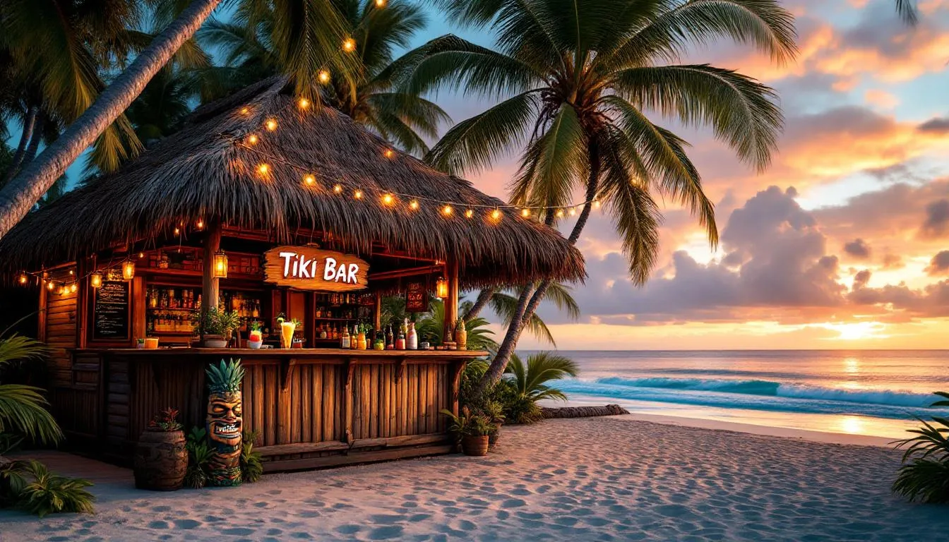 A vibrant tropical tiki bar is set up at sunset, adorned with string lights and surrounded by lush palm trees, creating a perfect beach party vibe for guests to relax and enjoy the beauty of the ocean. The scene captures the essence of a fun beach event, ideal for creating lasting memories with friends and family.