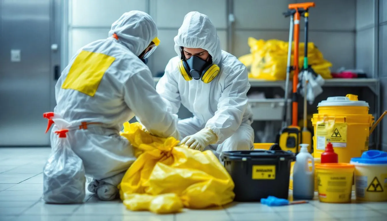 A professional biohazard cleanup specialist is meticulously organizing specialized equipment and safety gear in preparation for a job, highlighting the importance of biohazard cleanup services in trauma scene cleaning. This dedicated individual demonstrates the commitment and knowledge necessary for running a successful crime scene cleanup franchise.