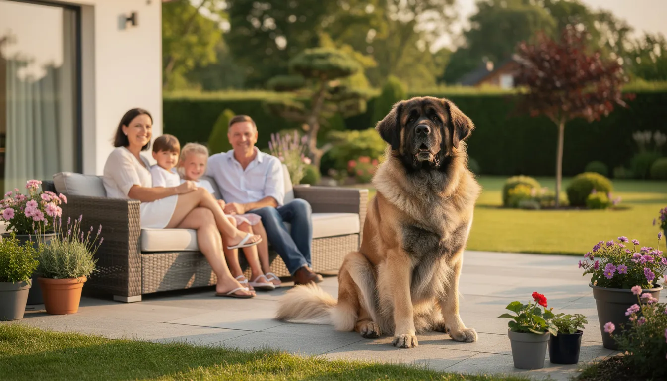 Na tarasie domu z ogrodem siedzi rodzina, a obok nich znajduje się duży, muskularny pies rasy leonberger, charakteryzujący się łagodnym usposobieniem i długą sierścią. Pies, jako doskonały towarzysz, cieszy się obecnością swoich właścicieli w przyjemnej atmosferze na świeżym powietrzu.