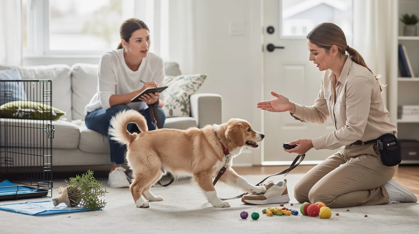 The image depicts a dog training session where a puppy is being taught to sit, surrounded by various training tools such as a leash, chew toys, and high-value treats. The scene captures the essence of common training challenges faced by dog owners, highlighting the importance of positive reinforcement to correct unwanted behaviors and encourage good behavior in a new puppy.