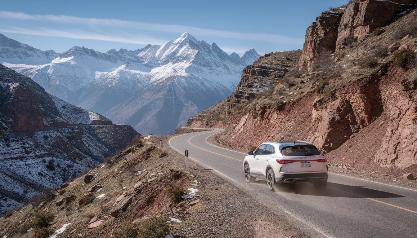 A white SUV navigates a winding mountain road in the picturesque Atlas Mountains, with majestic snow-capped peaks rising in the background. This scene captures the essence of a Morocco trip, perfect for those seeking adventure and exploring the country's stunning landscapes.