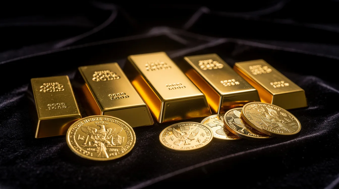 Auf einer dunklen Samtunterlage sind verschiedene Goldbarren und Goldmünzen kunstvoll nebeneinander angeordnet. Die Barren und Münzen repräsentieren physisches Gold und bieten eine attraktive Möglichkeit zur Geldanlage für Anleger.