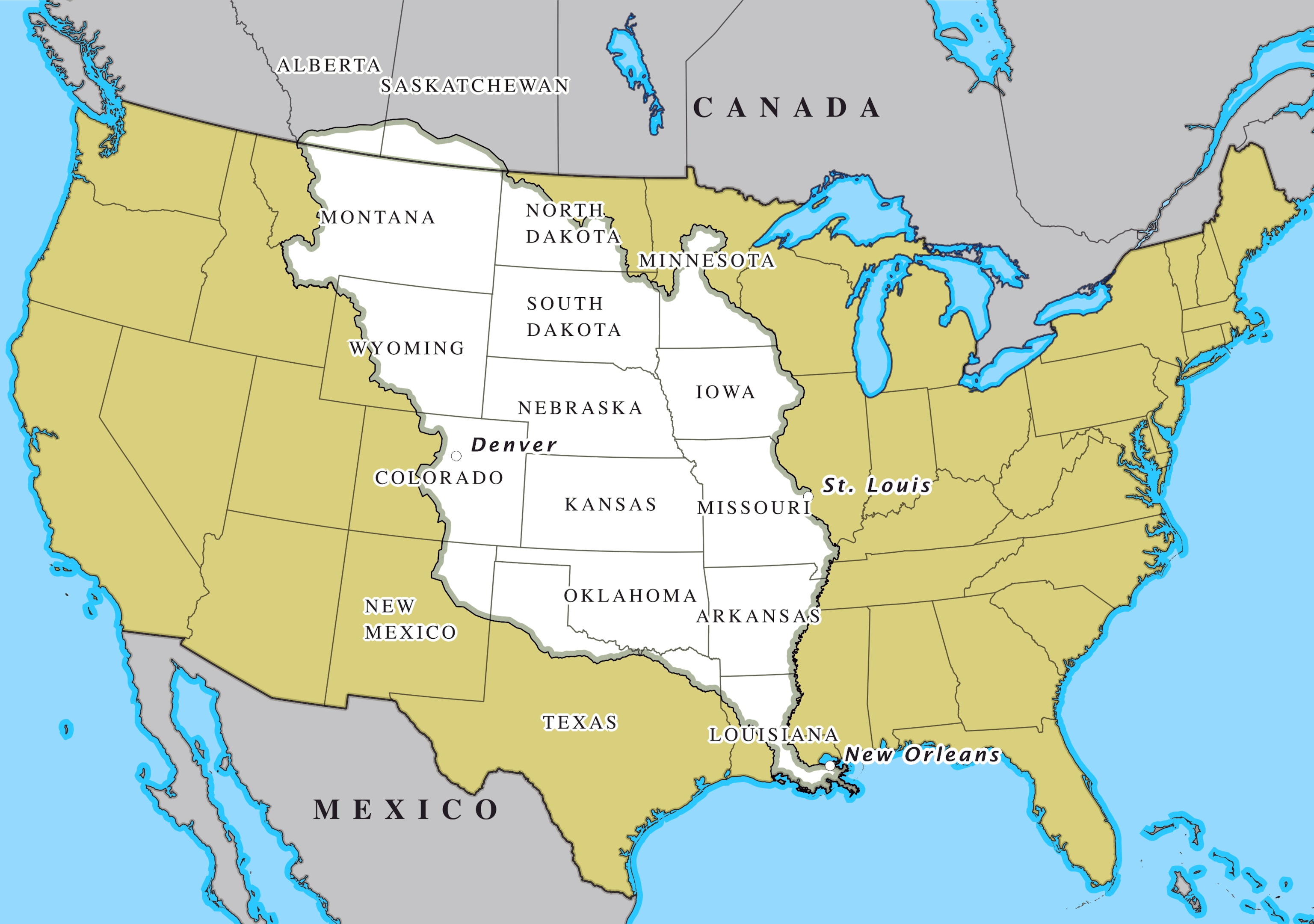 This map shows the land west of the Mississippi River acquired by the Louisiana Purchase.