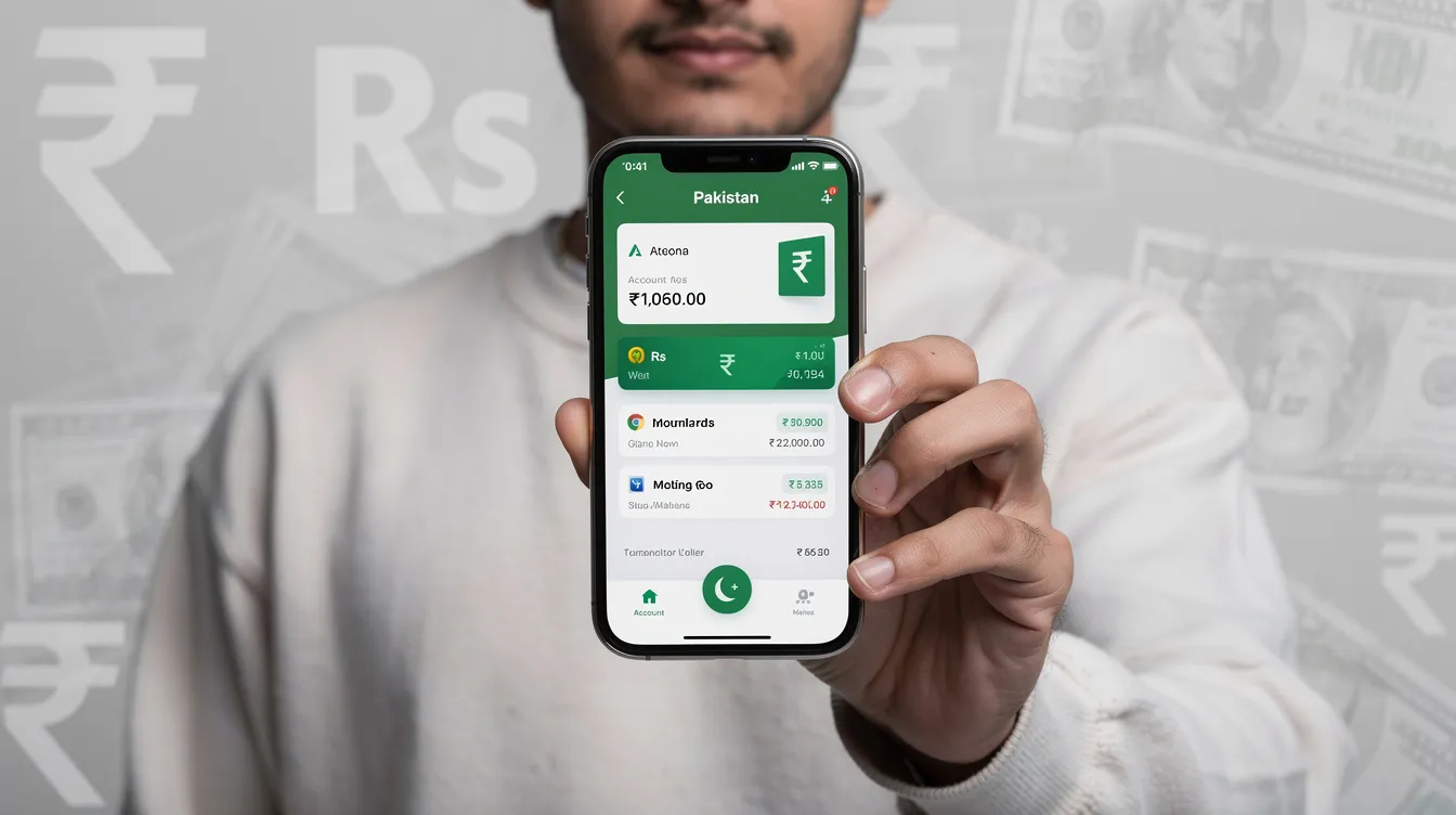 A person is holding a smartphone that displays a digital wallet interface featuring Pakistani currency symbols, set against a backdrop that suggests international transfers. This image illustrates the ease and speed of sending money online through a nayapay account, highlighting a modern payment method for remittances.