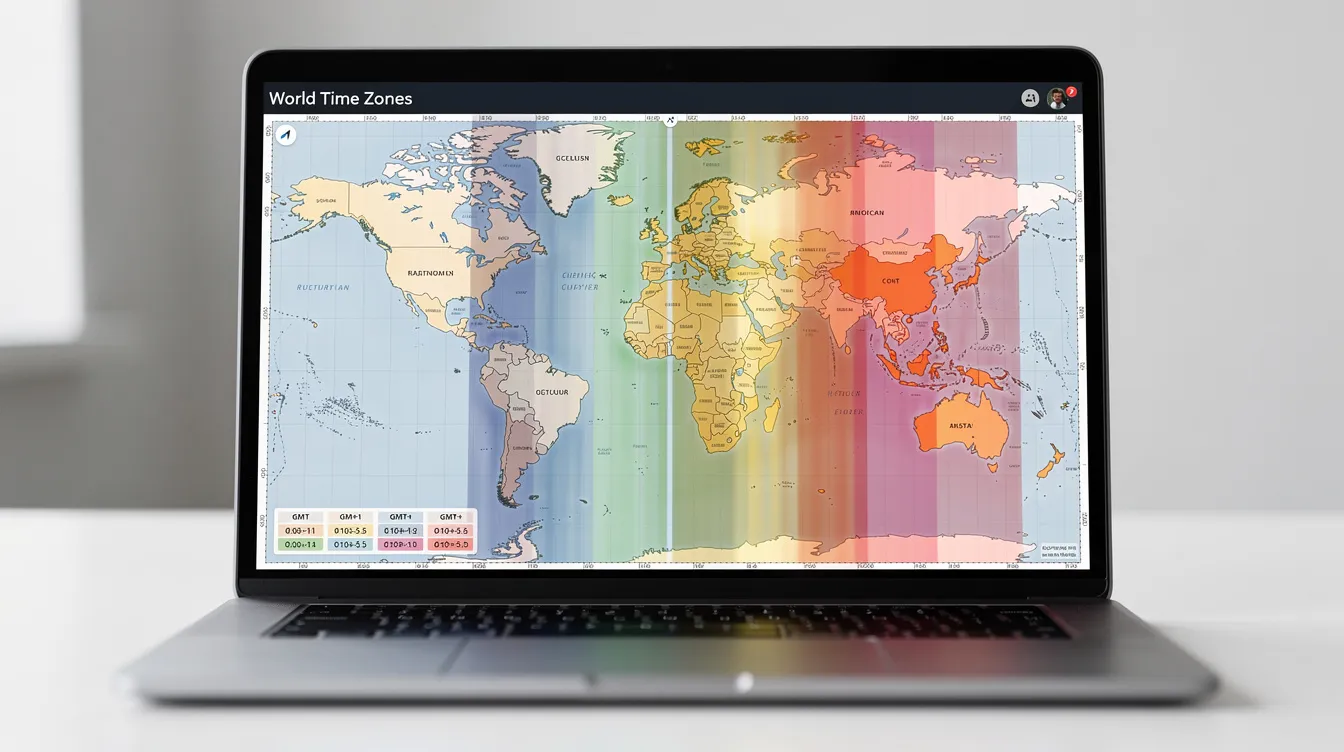 The image shows a laptop screen displaying a world map with highlighted time zone bands, specifically focusing on the United Kingdom and South Asia to illustrate the time difference, including Pakistan Standard Time and London time. This visual aids in understanding the current local time for scheduling conference calls between these regions.