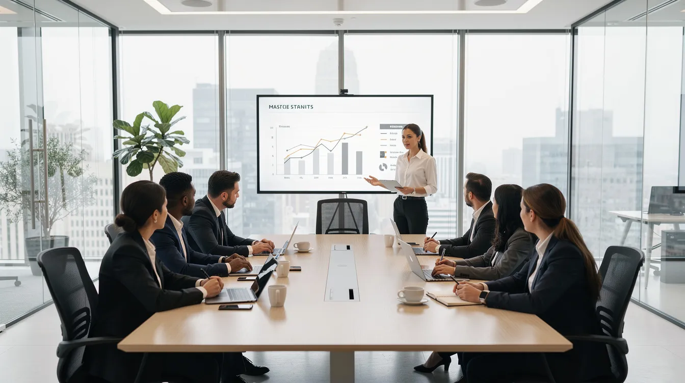 The image depicts a professional meeting taking place in a modern conference room filled with natural light, where a collaborative divorce team is engaged in discussion. The setting reflects a respectful resolution process, emphasizing the importance of communication among collaborative divorce attorneys and financial professionals in Orange County.