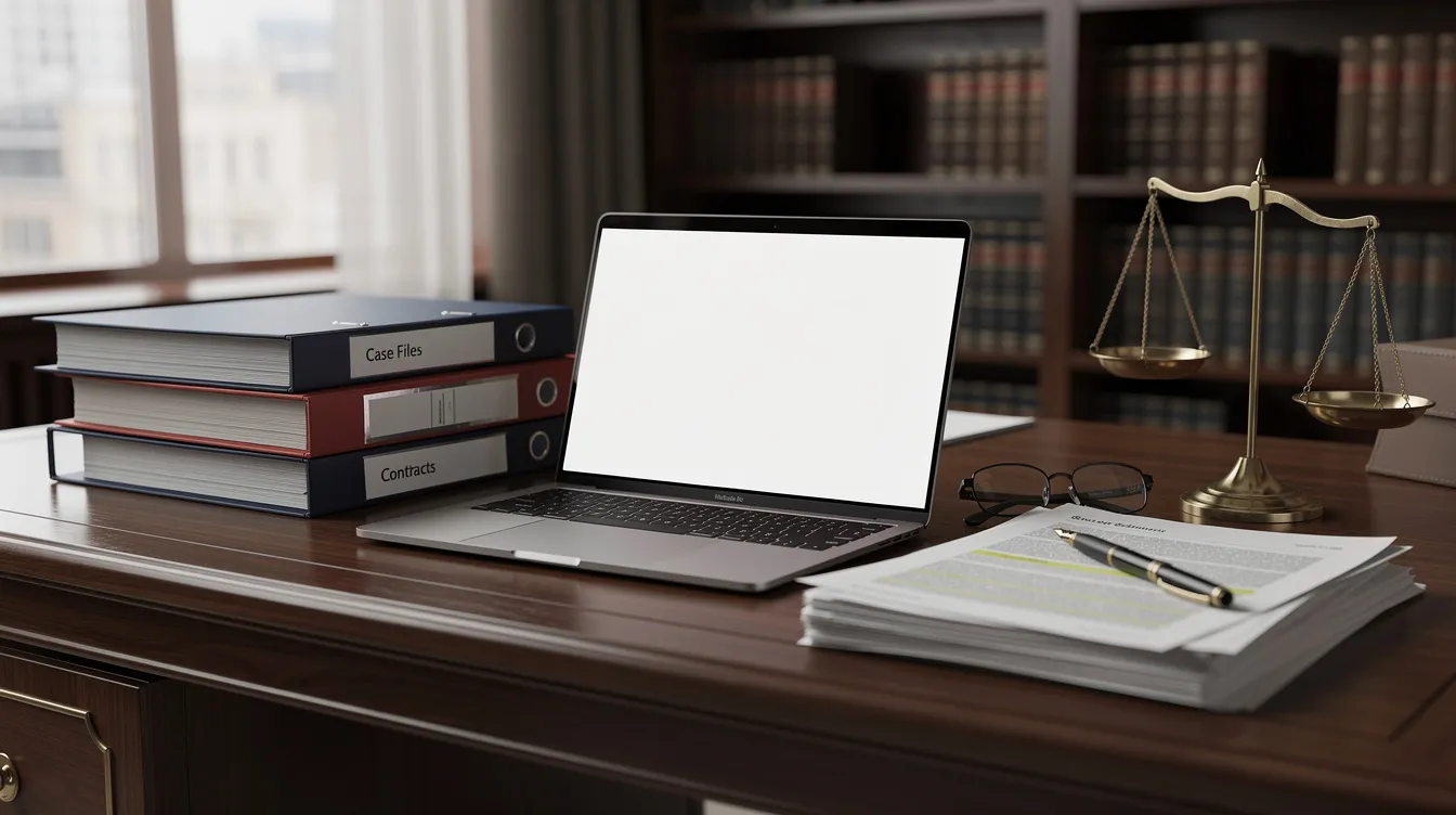 The image depicts a professional law office desk, neatly arranged with organized legal documents and a laptop, reflecting the environment of a civil litigation lawyer or a boutique litigation firm. This setting suggests a focus on complex litigation and commercial disputes, where attorneys prepare for settlement negotiations and legal processes.