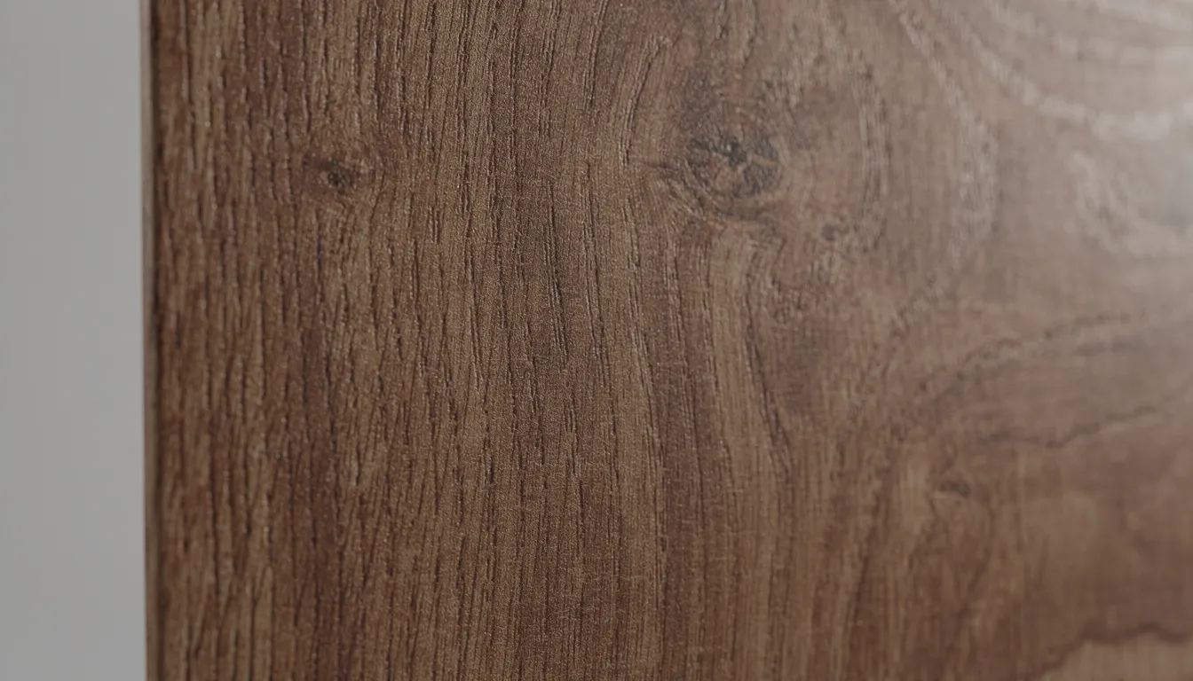 Close-up van een wandpaneel met een rijke houtnerf textuur en een warme bruine kleur, dat een strakke uitstraling biedt en perfect geschikt is voor gevelbekleding in moderne buitenruimtes. Dit onderhoudsarme product is ontworpen voor duurzaamheid en creëert een stijlvolle sfeer, terwijl het bestand is tegen verschillende weersomstandigheden.