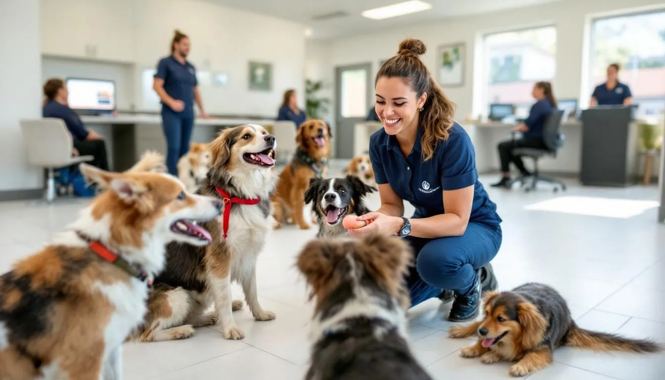 In a bright and clean dog daycare facility, a professional staff member engages with a group of happy dogs during structured playtime, promoting socialization and mental stimulation. The scene showcases various breeds enjoying their time together, highlighting the importance of regular exercise and fun in a safe environment for pets.