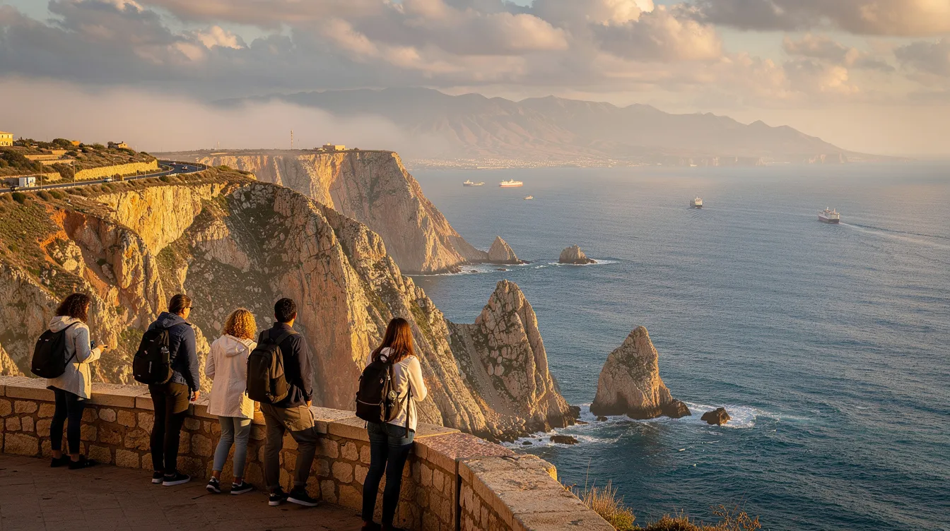 A group of travelers stands at a coastal viewpoint, gazing out at the shimmering sea that separates Spain and Morocco, with the vibrant colors of the sunset illuminating the horizon. This scenic spot offers a perfect backdrop for a walking tour, highlighting the cultural significance of the region as they prepare to explore the enchanting cities of Spain, Portugal, and Morocco.