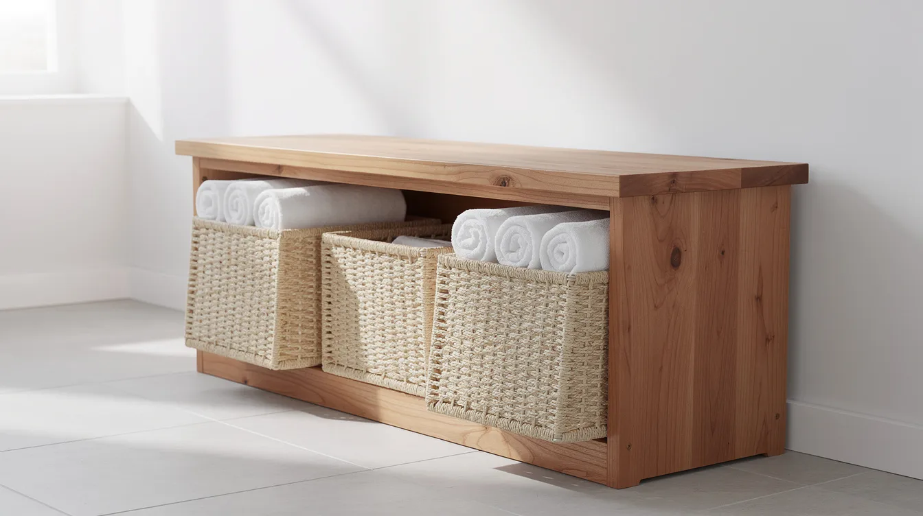 The image features an organized cedar storage bench, elegantly displaying rolled cotton towels alongside woven baskets, designed for easy access in a sauna changing area. This thoughtful planning enhances the sauna experience by providing a functional and stylish solution for towel storage and warmth.