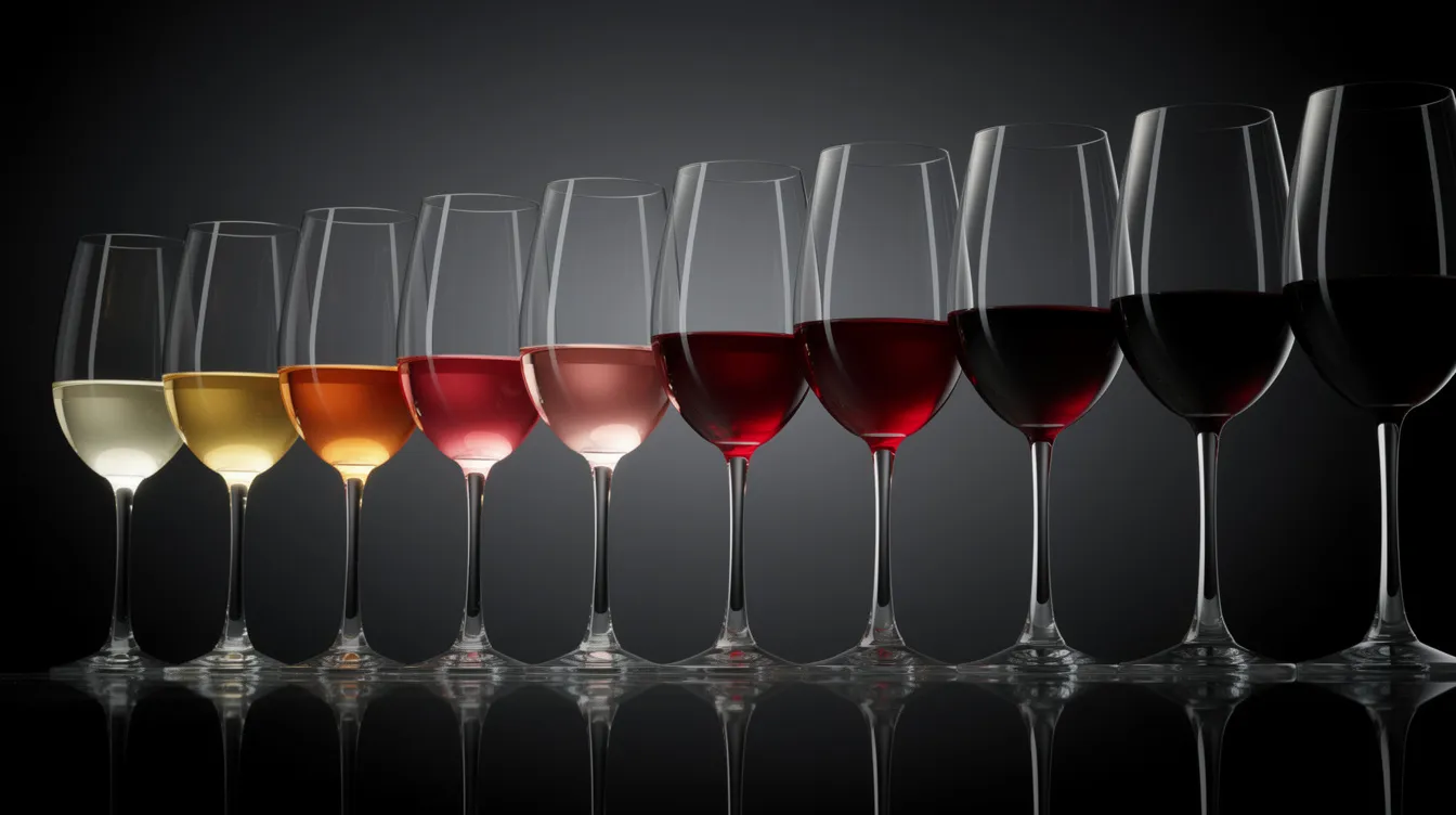 L'image montre une rangée de verres de vin, présentant une palette de couleurs allant du blanc clair au rouge foncé, illustrant ainsi la diversité des vins. Cette scène évoque l'univers de l'œnologie, parfait pour une expérience de dégustation à Paris.