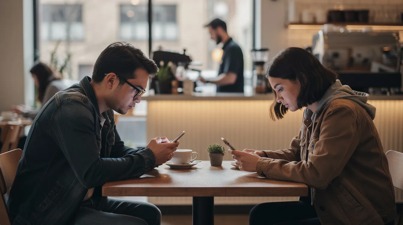 In a coffee shop, two people sit across from each other, both engrossed in their phones instead of engaging in conversation, highlighting a common modern dating problem where online dating users often prioritize their devices over meaningful connections. This scene reflects how dating platforms can sometimes hinder relationship compatibility and the development of healthy relationships.