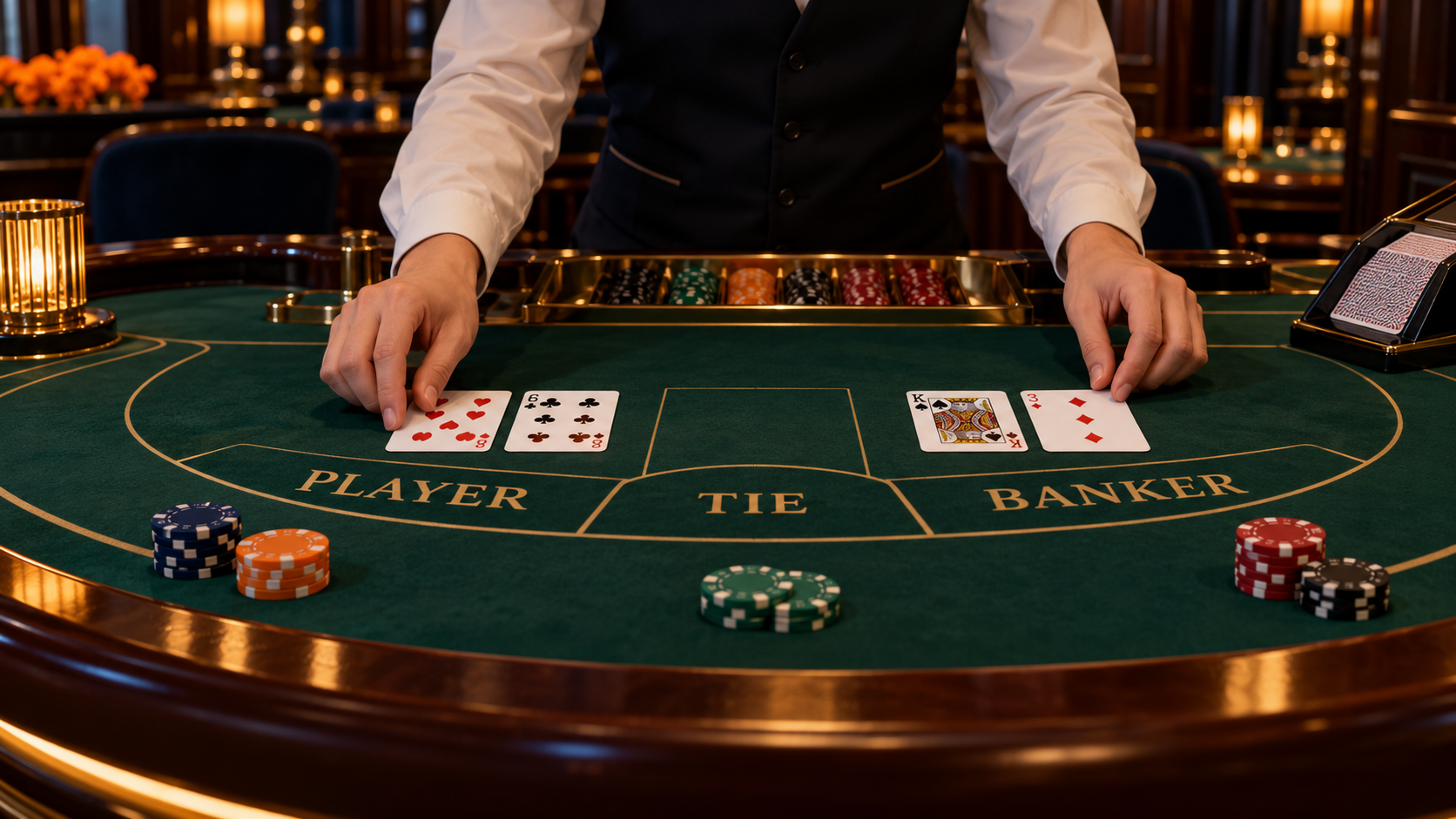Live baccarat met croupier, Player-, Tie- en Banker-inzetvelden en speelkaarten.