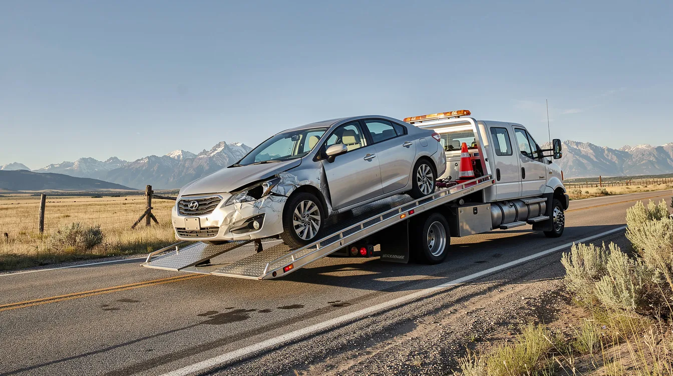 The image shows a damaged sedan being loaded onto a tow truck on a rural Colorado road, highlighting the aftermath of a car accident. This scene may evoke the challenges faced by car accident victims, including property damage and potential personal injury claims.