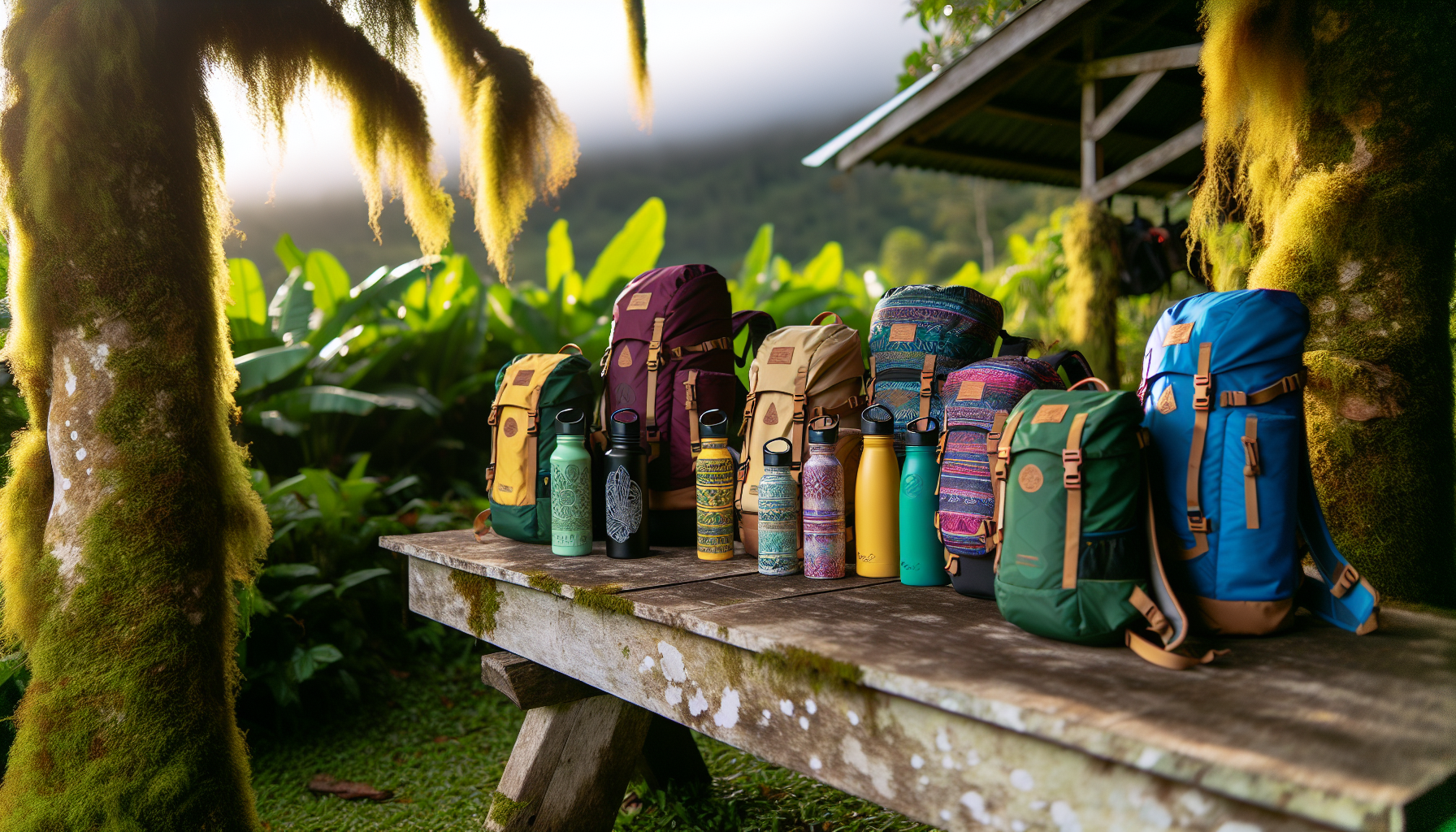 Personalized hiking gear including backpacks and water bottles for adventure-themed retreats