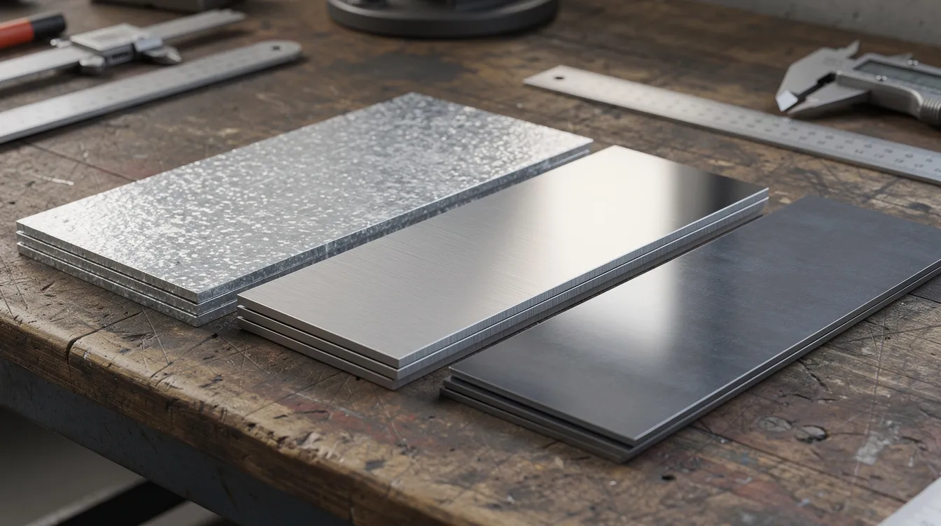 The image features various steel sheet samples showcasing different surface finishes, including galvanized, stainless, and mild steel, arranged neatly on a workbench. Each sample illustrates the characteristics of thin sheet metal, suitable for bending processes and manufacturing sheet metal parts with tight tolerances.