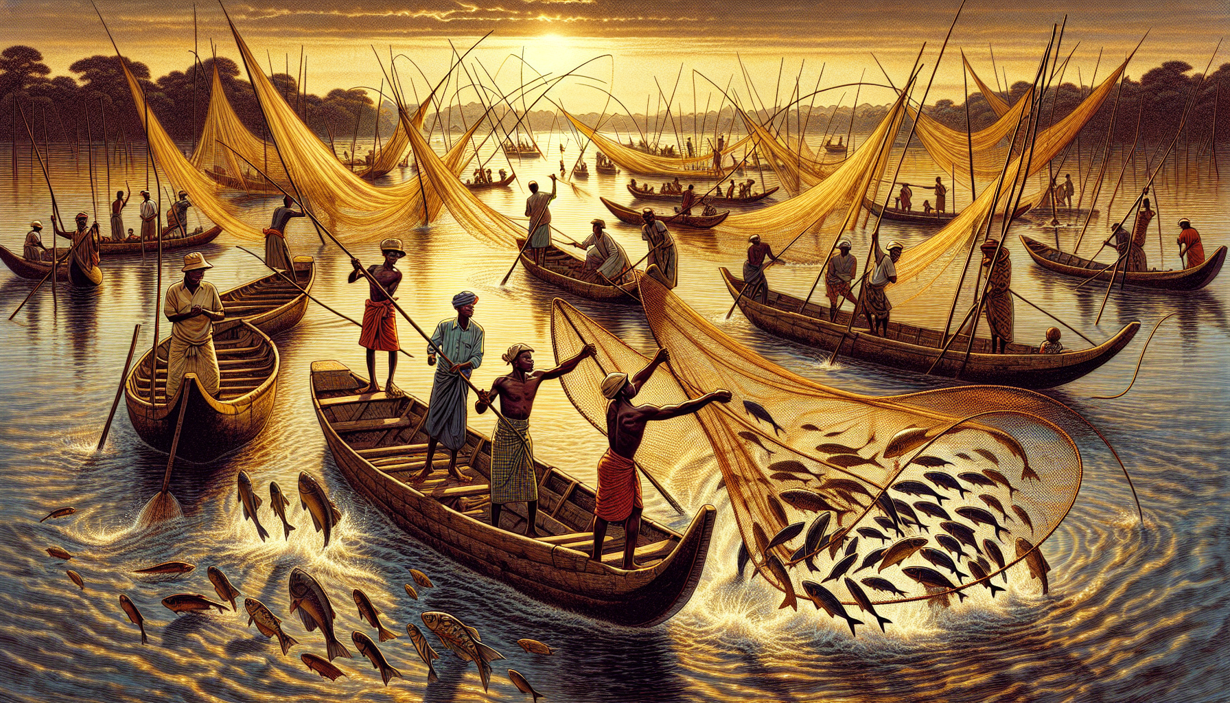 A lively illustration of a traditional Congolese fishing scene with fishermen on wooden boats catching fish in the Congo River