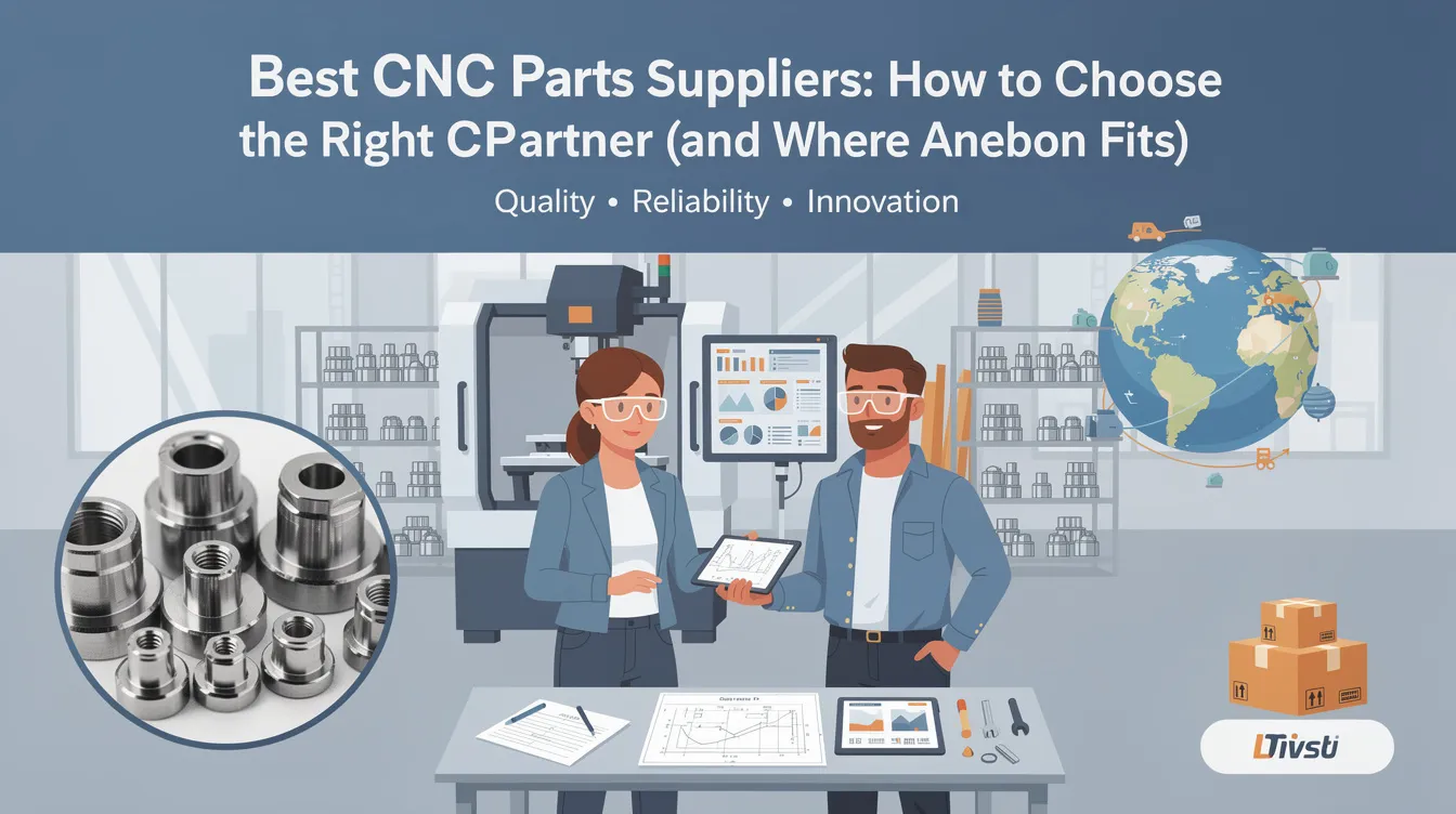 The image illustrates a guide on selecting the best CNC parts suppliers, showcasing various CNC machining processes like CNC milling and CNC turning. It highlights the importance of precision machining and quality control, particularly for industries such as aerospace and medical devices, while emphasizing the role of a reliable CNC machining partner like Anebon.