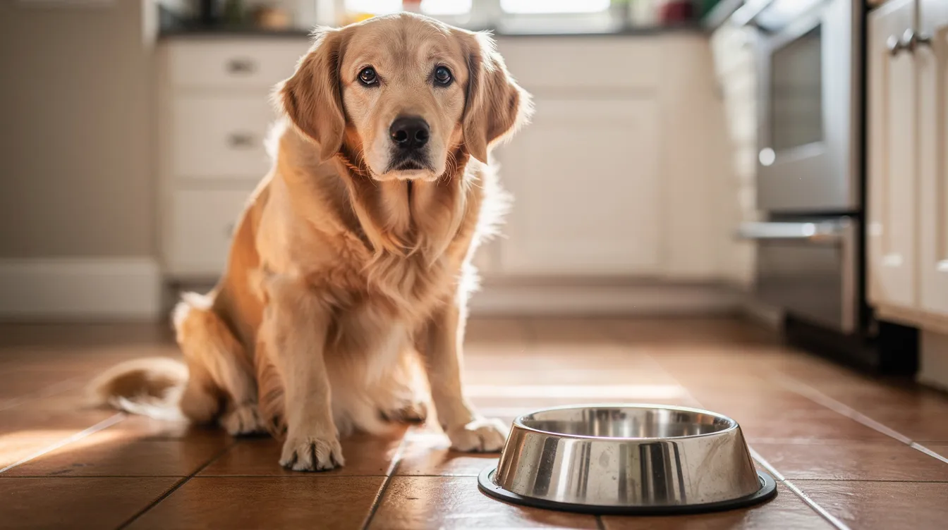 A golden retriever is sitting next to an empty stainless steel food bowl in a kitchen, giving puppy eyes that showcase its cute facial expressions and body language, as if taking advantage of its owners' affection to prompt a meal. This pup's calm demeanor and tactical deception are hard to resist, making it the best dog for eliciting treats.