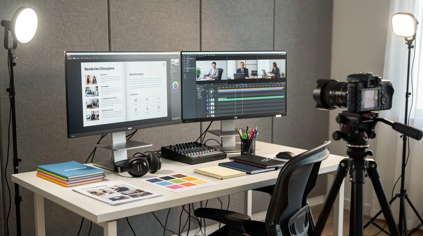 The image depicts a professional studio workspace equipped with multiple monitors showcasing course content, a camera mounted on a tripod, and neatly organized production materials on a clean desk, ideal for online course creation services. This setup emphasizes a focused environment for creating high-quality videos and instructional design for effective training programs. The image depicts a professional studio workspace equipped with multiple monitors showcasing course content, a camera mounted on a tripod, and neatly organized production materials on a clean desk, ideal for online course creation services. This setup emphasizes a focused environment for creating high-quality videos and instructional design for effective training programs.