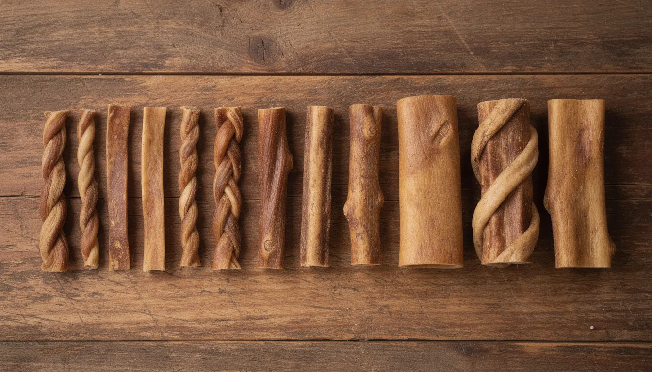 The image features various sizes of natural dog chews, including thick and thin bully sticks, arranged neatly by thickness on a wooden surface. These dog chews, which are safe for dogs, provide mental stimulation and support dental health for furry friends.
