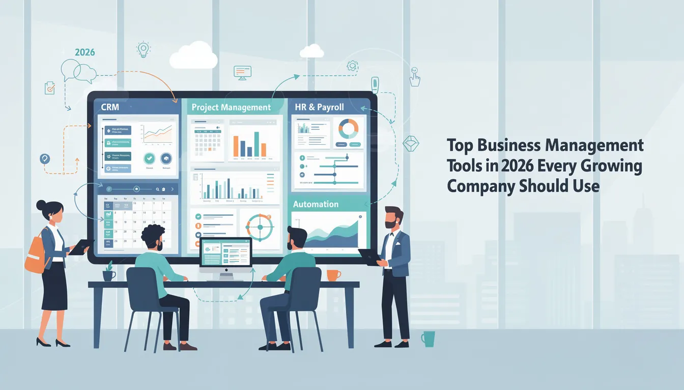 The image showcases a modern digital workspace featuring various top business management tools for 2026, emphasizing project management and customer relationship management capabilities. It highlights user-friendly interfaces, integration capabilities, and essential features that support business growth and enhance team collaboration for small businesses.
