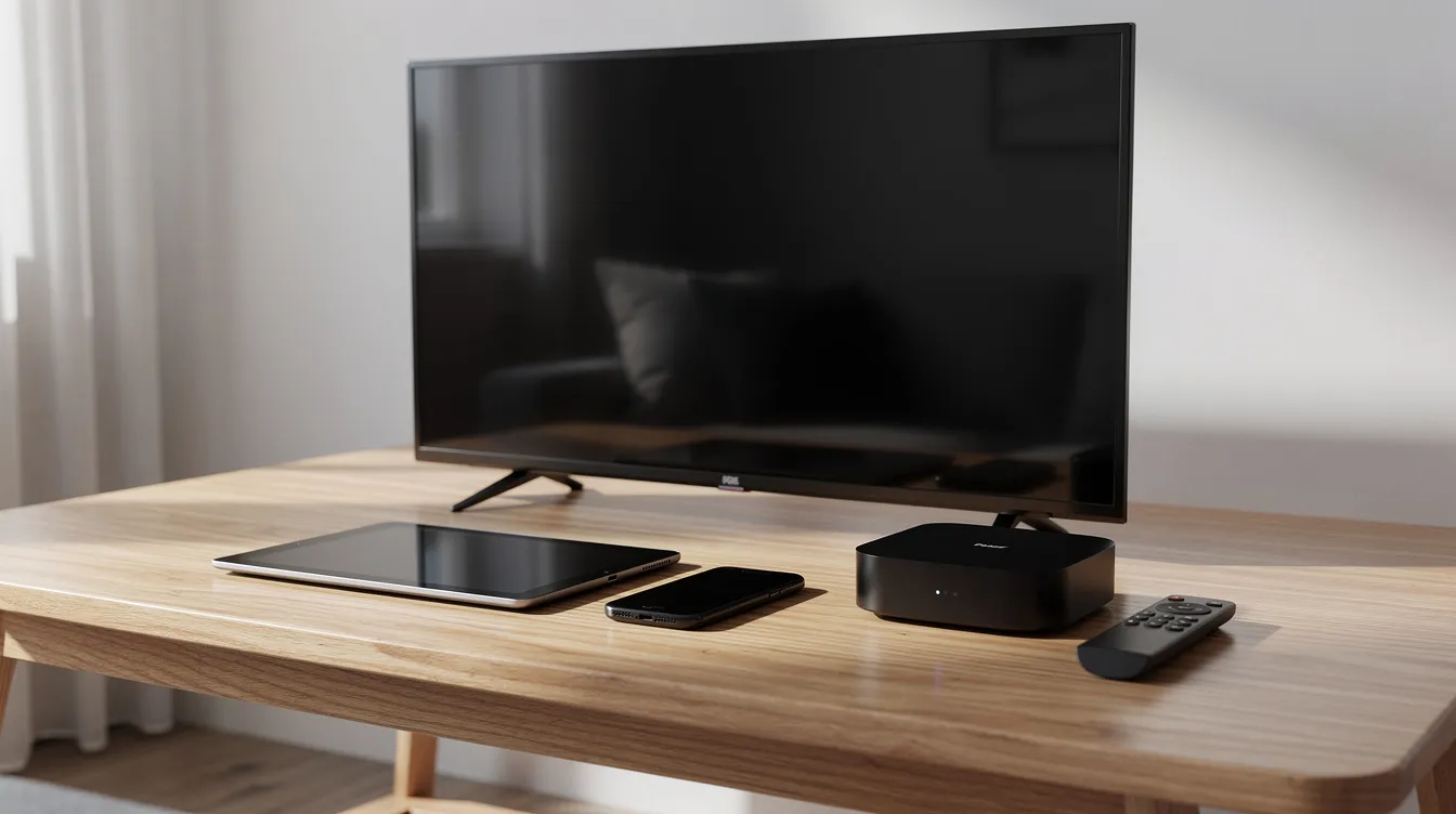Een houten tafel met verschillende elektronische apparaten, waaronder een smart TV, tablet, smartphone en streaming box, die samen een moderne kijkervaring suggereren. Deze apparaten zijn ideaal voor het streamen van content zoals films en series met een stabiele internetverbinding.