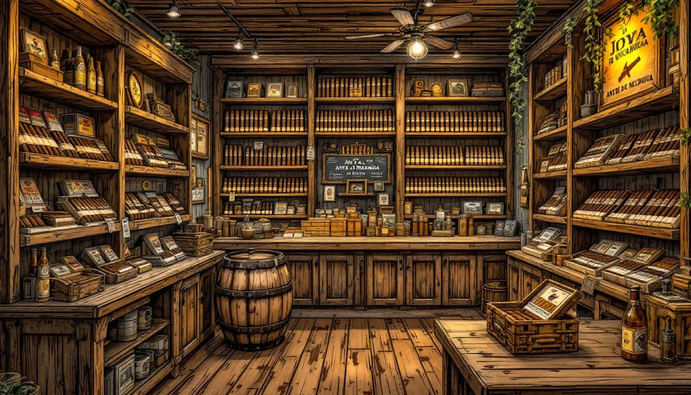 A well-stocked cigar shop displaying various brands, including Joya de Nicaragua Antano Dark Corojo.