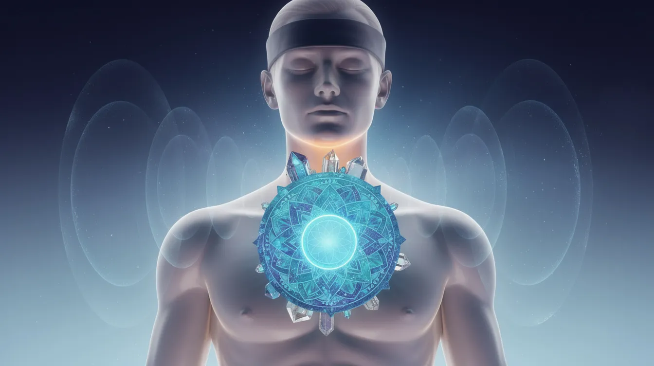 This image depicts the throat chakra, also known as Vishuddha, represented by the color blue, symbolizing communication and self-expression. Surrounding the chakra are various throat chakra stones, including blue lace agate and lapis lazuli, which are believed to aid in balancing the throat chakra and enhancing one's ability to speak their personal truth.
