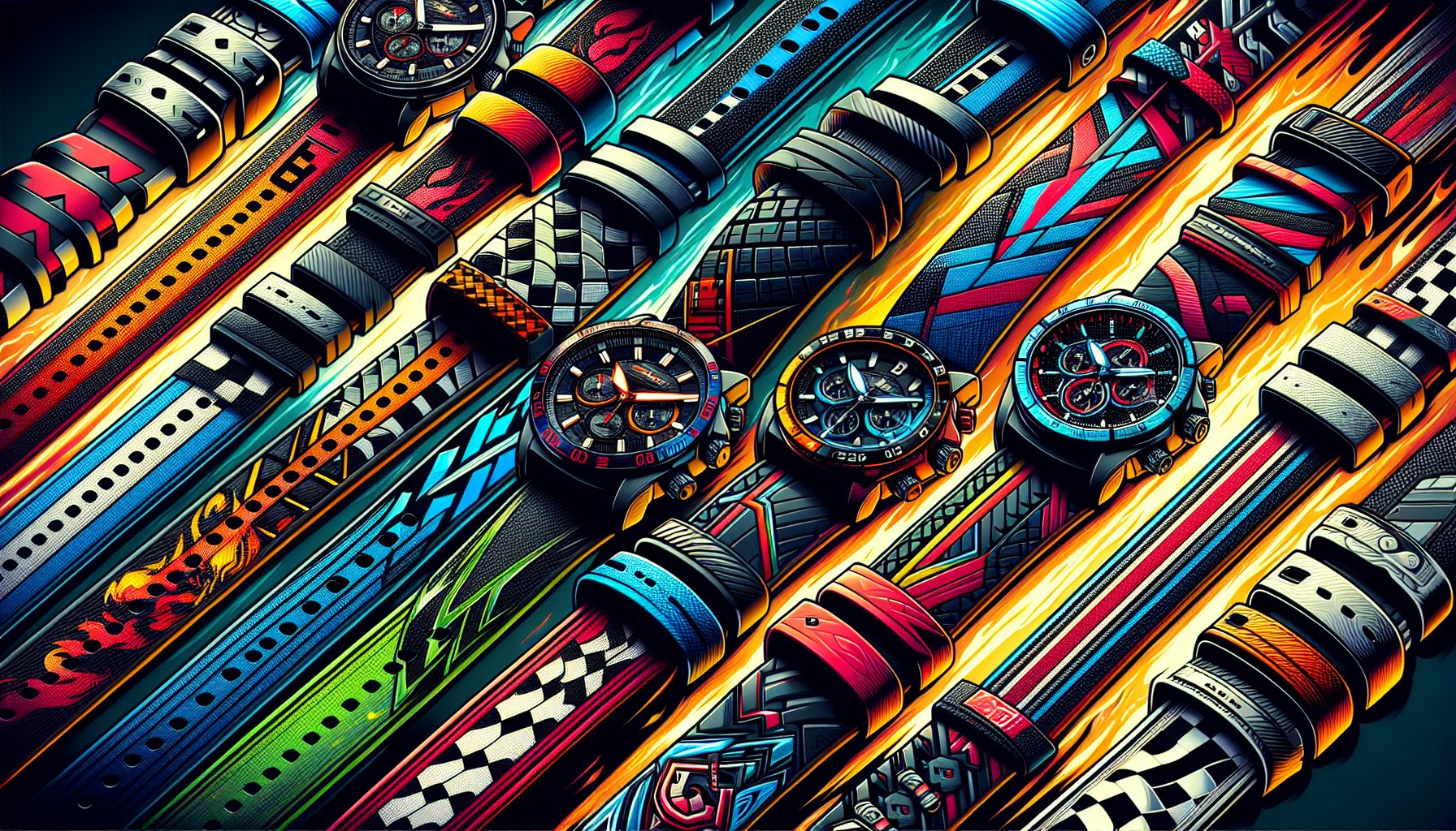 Illustration of stylish racing watch bands in various colors