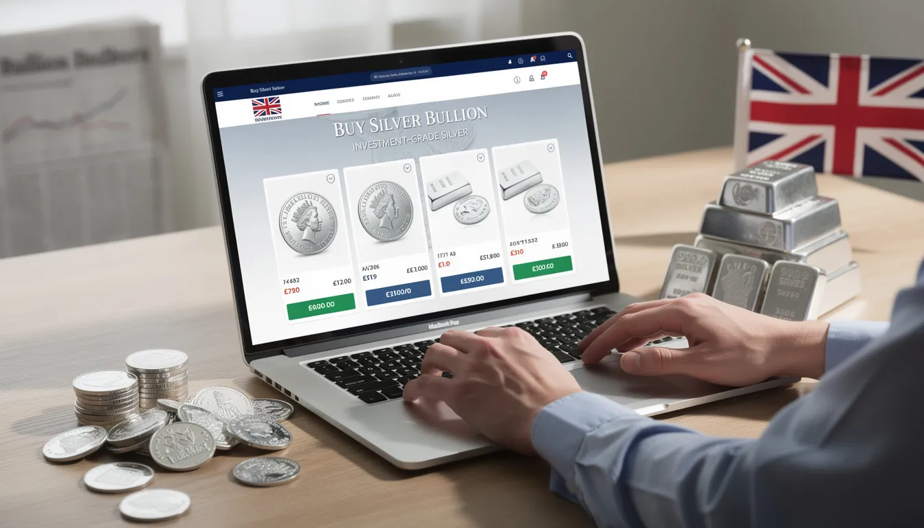 The image depicts a selection of silver coins and bars available for purchase online, highlighting the appeal of investment-grade bullion for UK investors. These tangible precious metals are showcased alongside various styles of silver jewellery, emphasizing their value in a diversified portfolio.