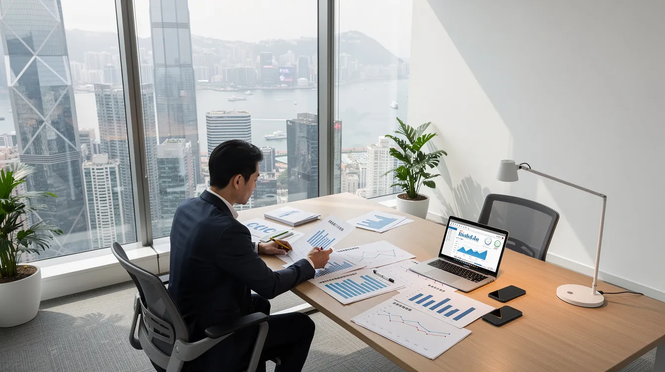 In a modern office setting in Hong Kong, a person is seated at a desk, meticulously reviewing financial documents, while skyscrapers of the 香港 特別 行政區 are visible through the window. This scene reflects the professional environment often associated with 公務員 職位 in the region.