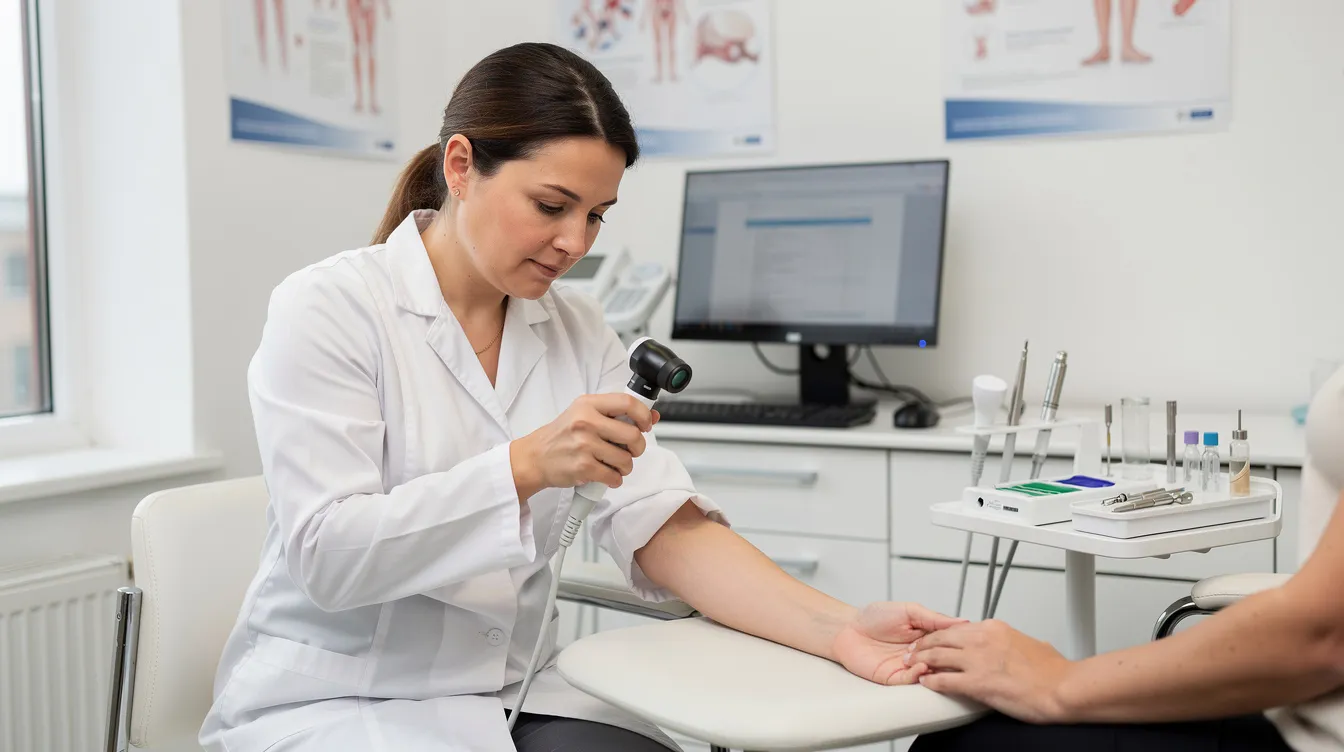A dermatologist is examining a person's skin in a bright clinical office, focusing on identifying issues related to sensitive skin and acne-prone skin. The setting emphasizes the importance of sun protection, highlighting the need for the right sunscreen, especially for those with reactive skin.