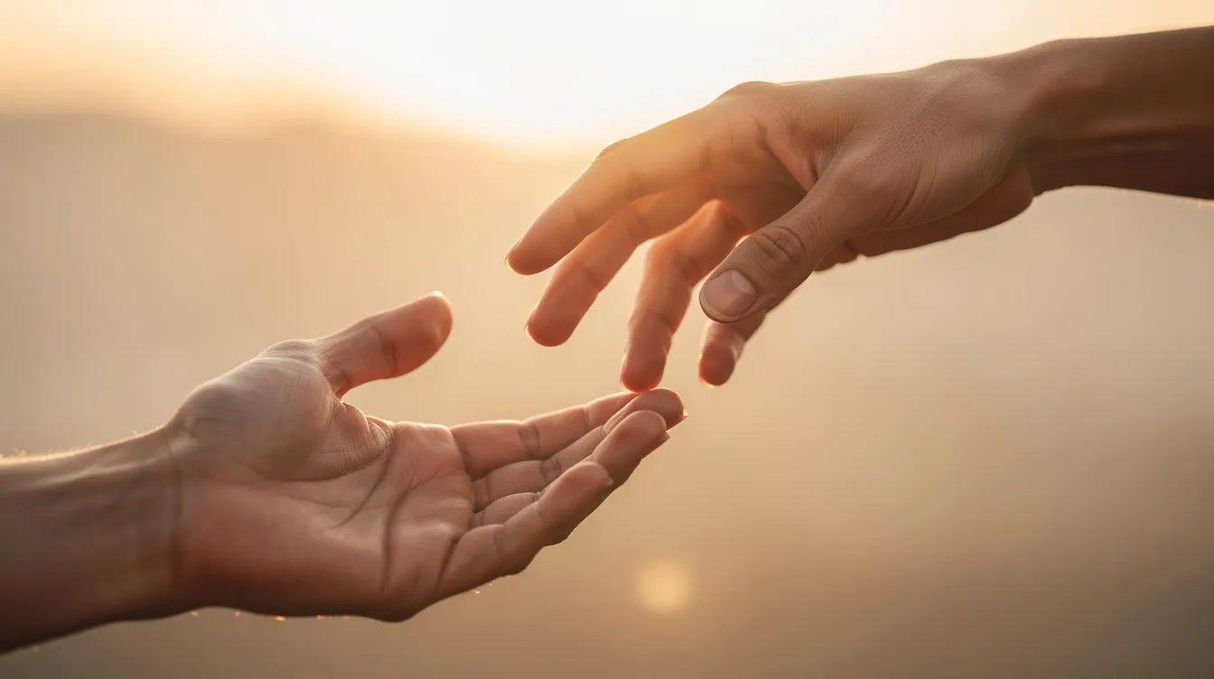The image depicts two hands reaching toward each other, bathed in warm light, symbolizing connection and support during recovery from addiction. This visual representation highlights the importance of personal relationships and healthier coping mechanisms for individuals overcoming substance use disorders.