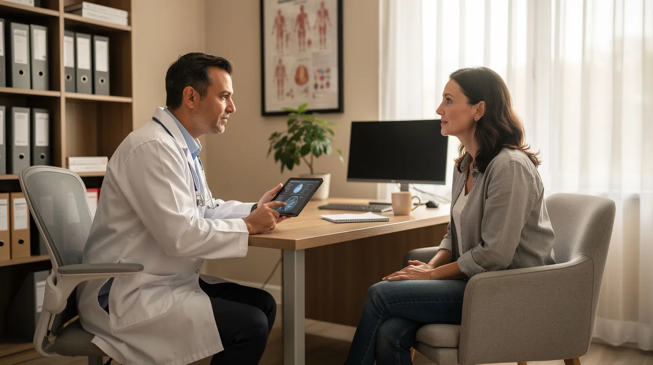 The image depicts a doctor consulting with a patient in a comfortable medical office, discussing options for eyelid surgery, including upper and lower blepharoplasty procedures to address concerns like drooping eyelids and excess skin. The welcoming environment suggests a focus on patient comfort and personalized treatment plans for achieving a refreshed appearance.