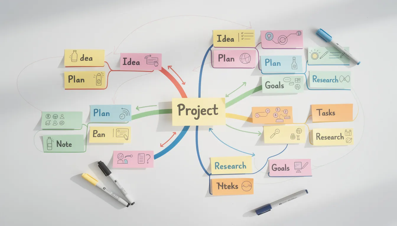 The image features a colorful mind map diagram with sticky notes and connecting lines spread across a white surface, illustrating key topics related to the Australian citizenship test, such as Australian values, history, and government structure. This visual representation serves as a learning tool for test takers preparing for the citizenship interview and practice tests.