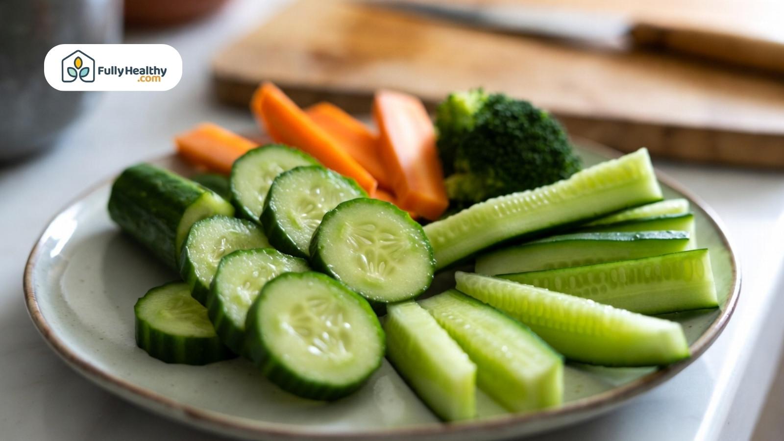 Plate of sliced cucumbers with carrots, celery sticks, and broccoli florets