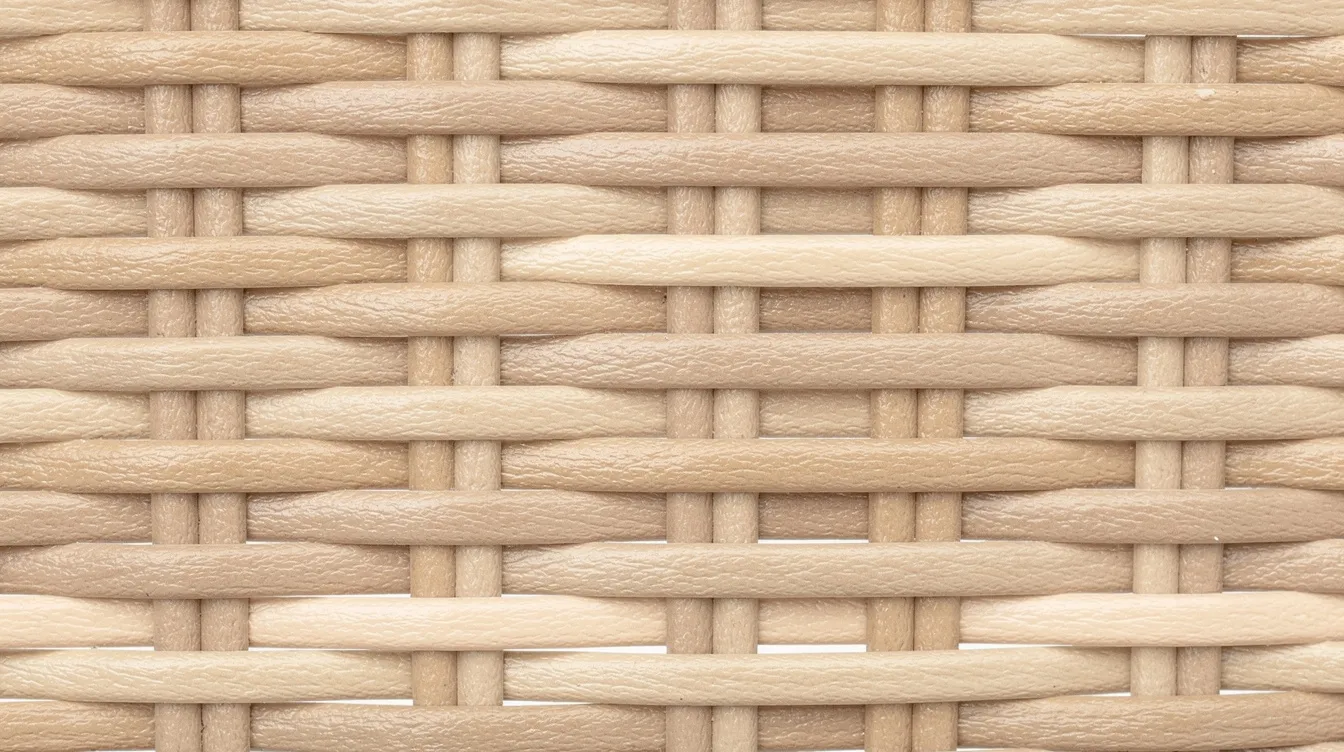 Närbild av en konstrotting-textur i en beige nyans, som visar det vävda mönstret och materialets hållbarhet. Denna typ av material passar utmärkt för utemöbler som trädgårdsstolar och erbjuder både stil och komfort för uteplatsen.