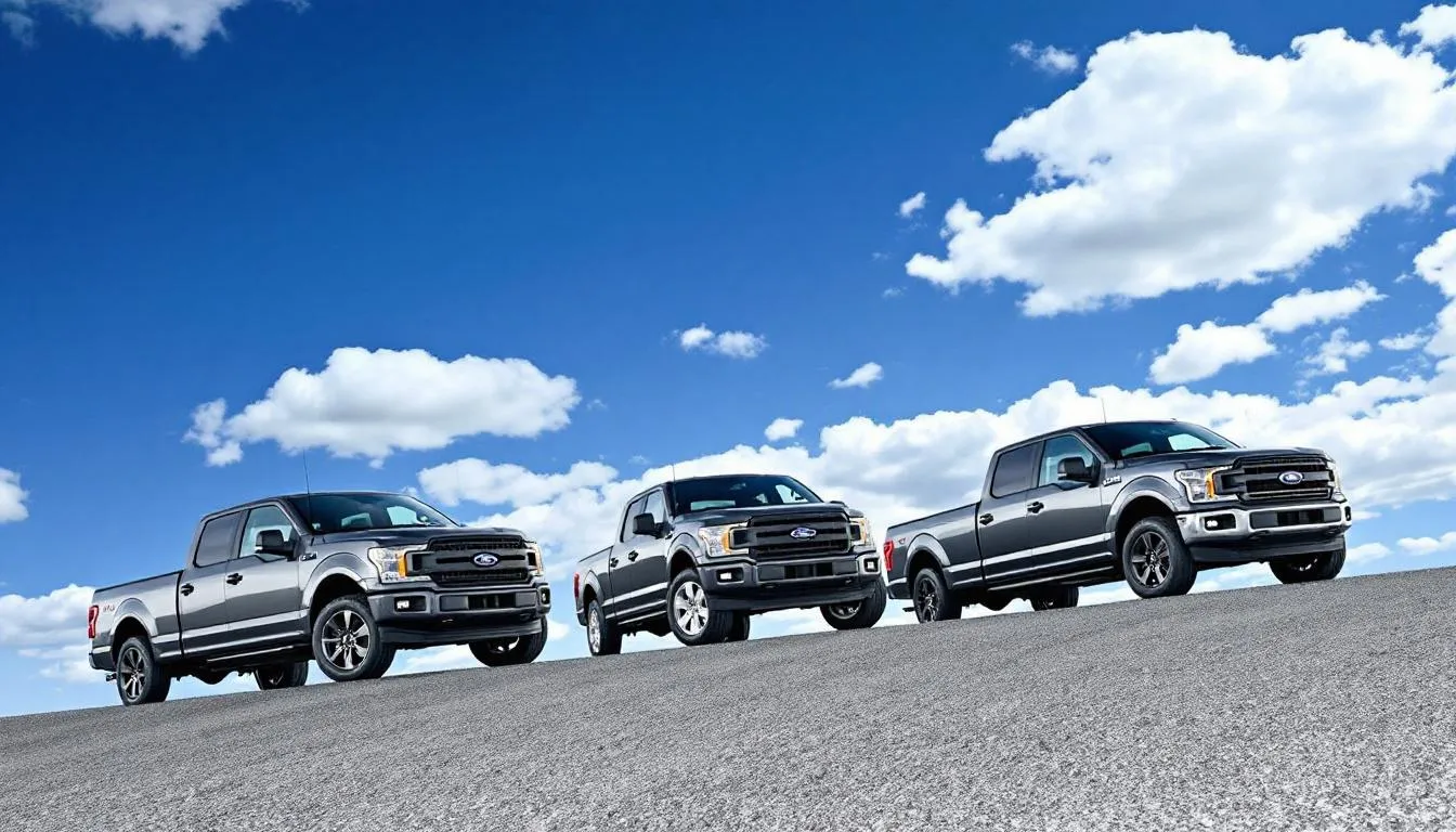 The image features several Ford F-150 pickup trucks parked side by side, showcasing different truck bed sizes including short, standard, and long beds. Each truck highlights the versatility and cargo box volume options available, making them suitable for various needs such as hauling equipment or weekend adventures.